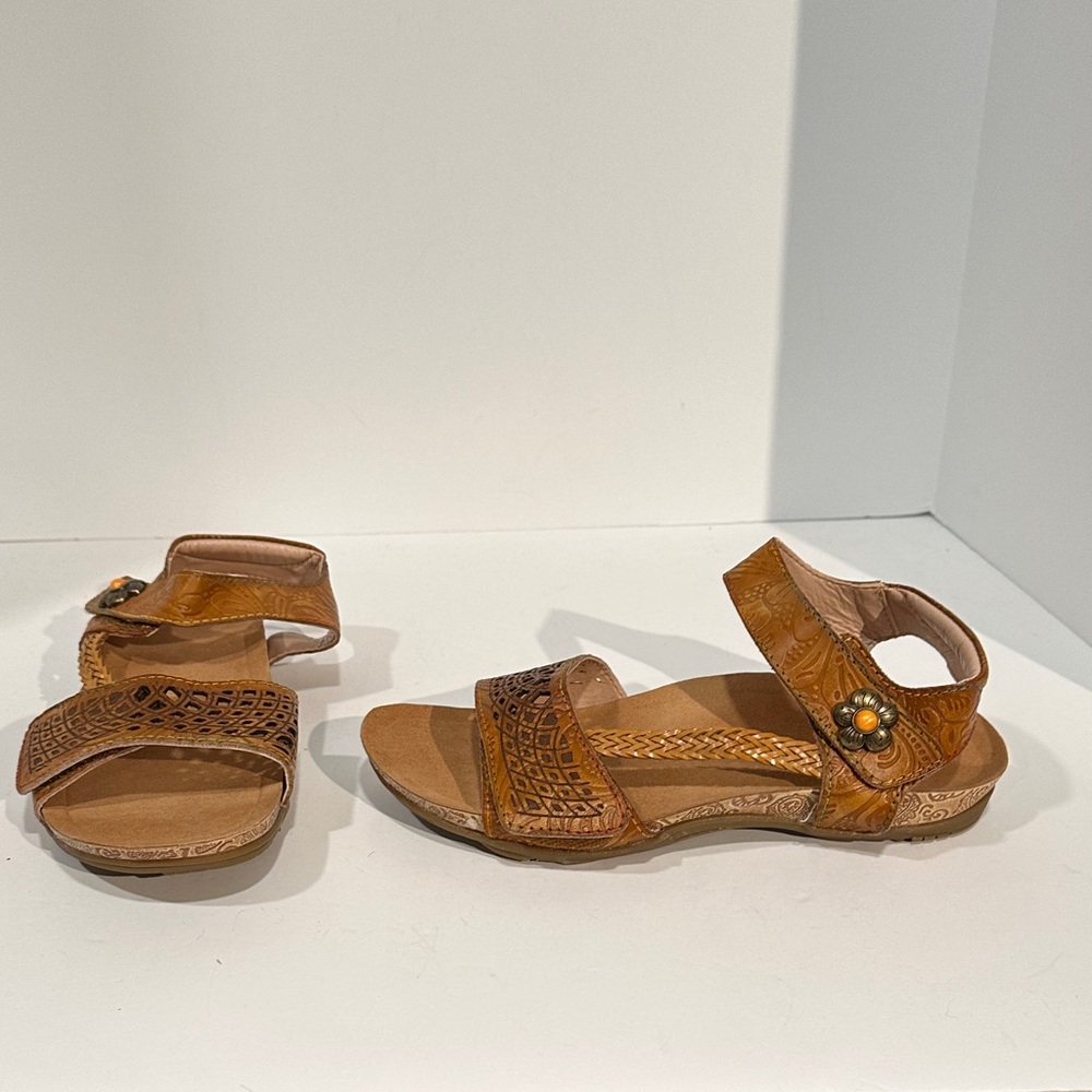 Brown Leather Sandals with Embossed Design